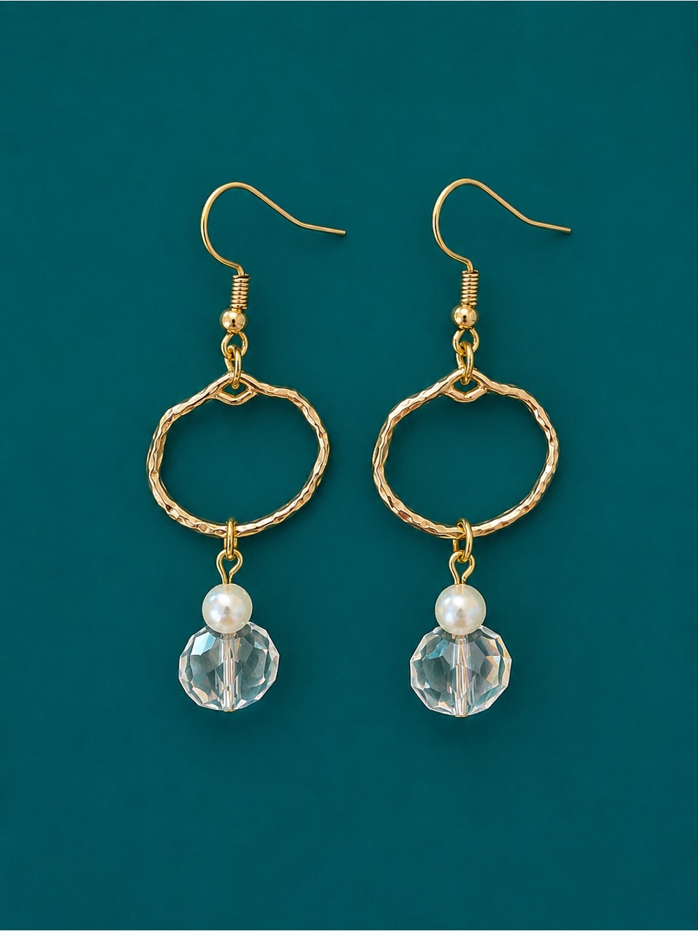 Hand crafted Gold Hoop Drop Earrings with Crystal and Pearl Accents